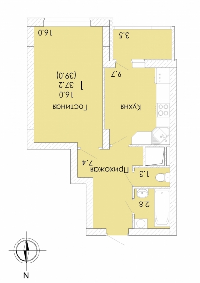 1-комнатная квартира, 39 кв.м.